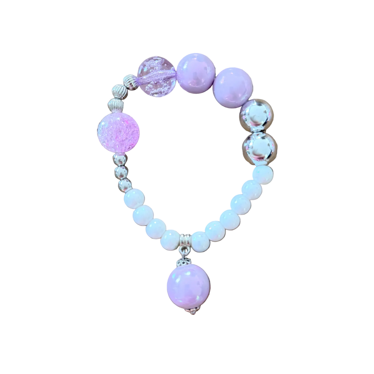 Lilac Charm handmade beaded bracelet in purple, silver and white