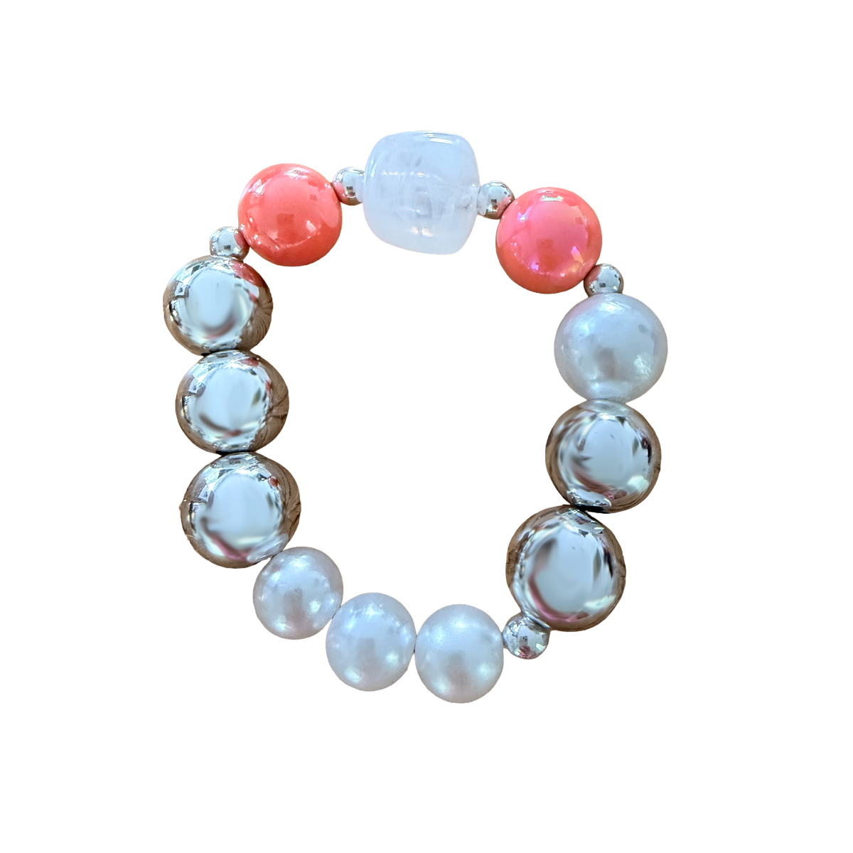 Coral Pearl handmade beaded bracelet in silver, white and coral