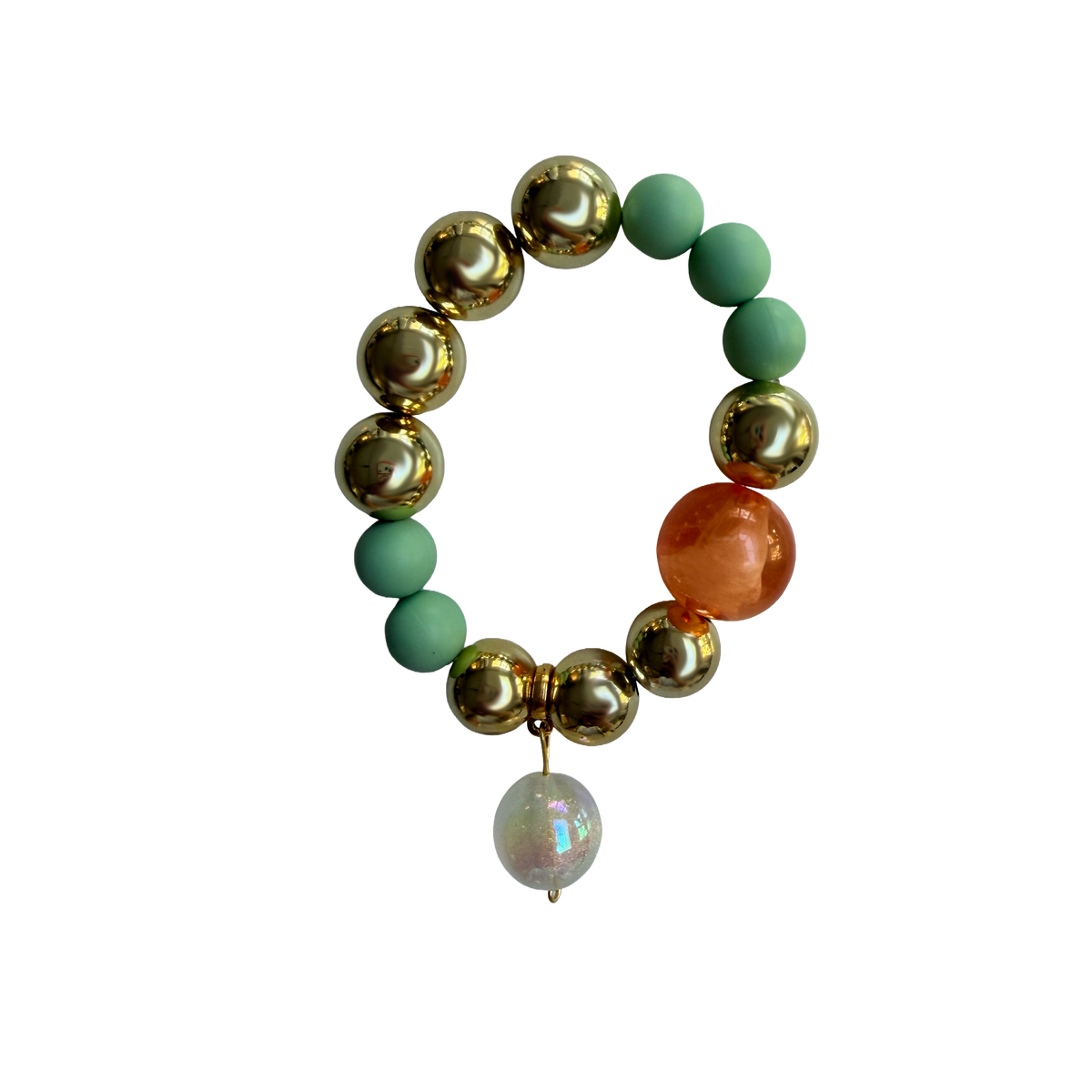Gilded Sage handmade beaded bracelet in green, orange and gold
