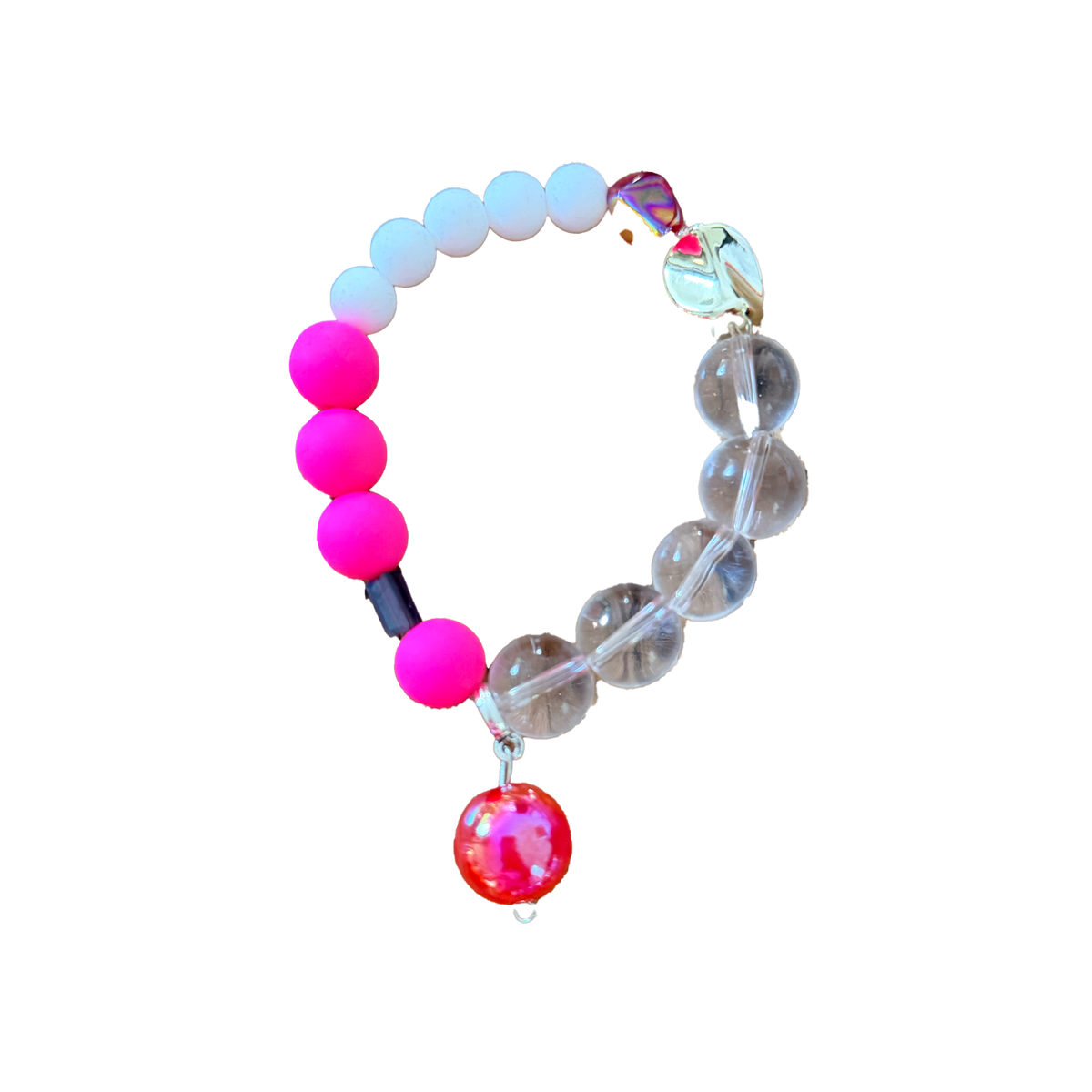 Neon Mirage handmade beaded bracelet in pink, clear and blue
