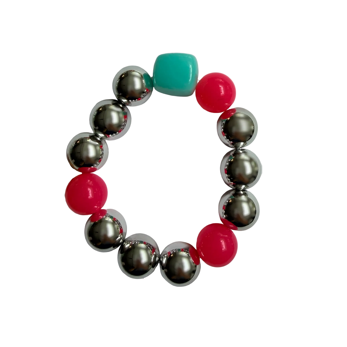 Pink Flash handmade beaded bracelet in pink, silver and turquoise
