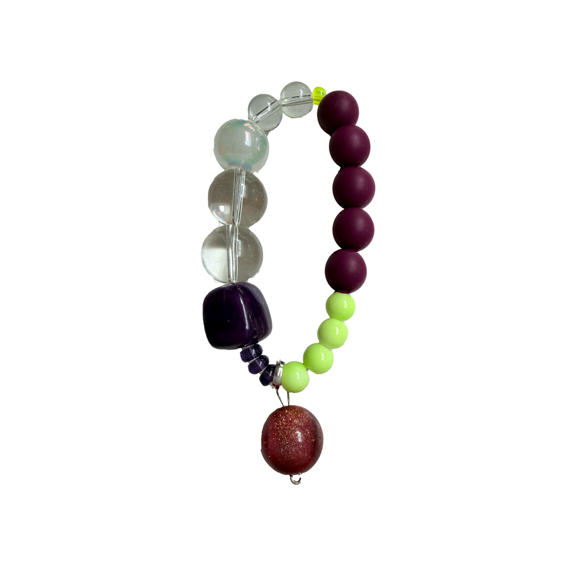 Plum Volt handmade beaded bracelet in purple, lime green and clear