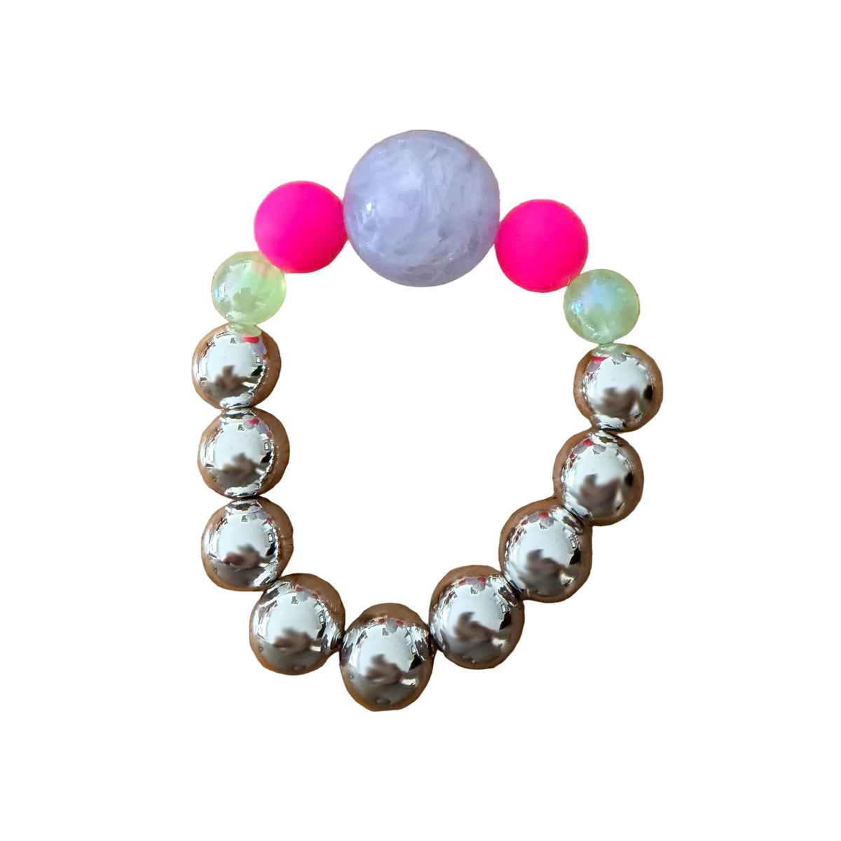 Silver Bloom handmade beaded bracelet in silver, pink and lime green