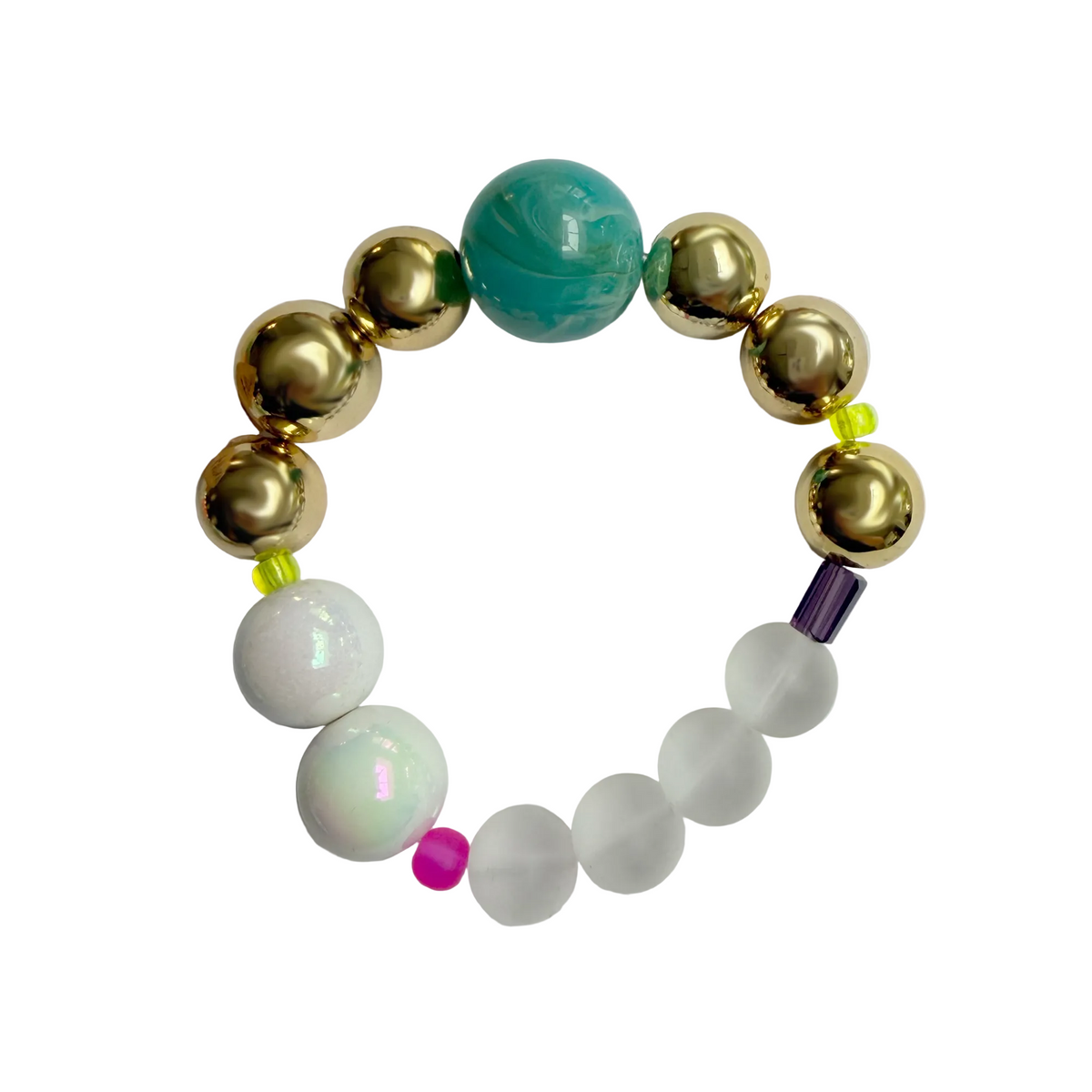Turquoise Drift handmade beaded bracelet in gold, turquoise and pink