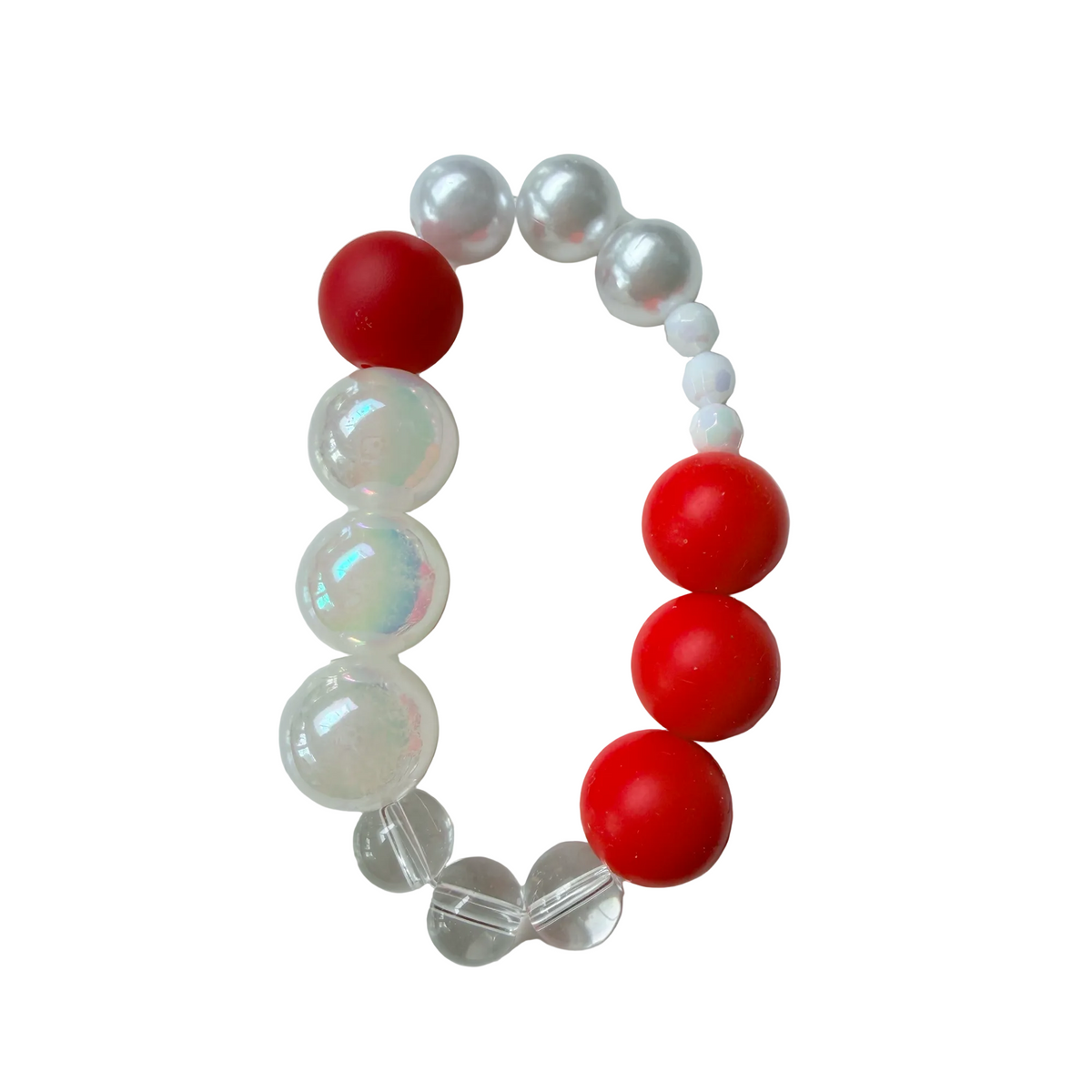 Cherry Flare handmade beaded bracelet in red, pearl and clear