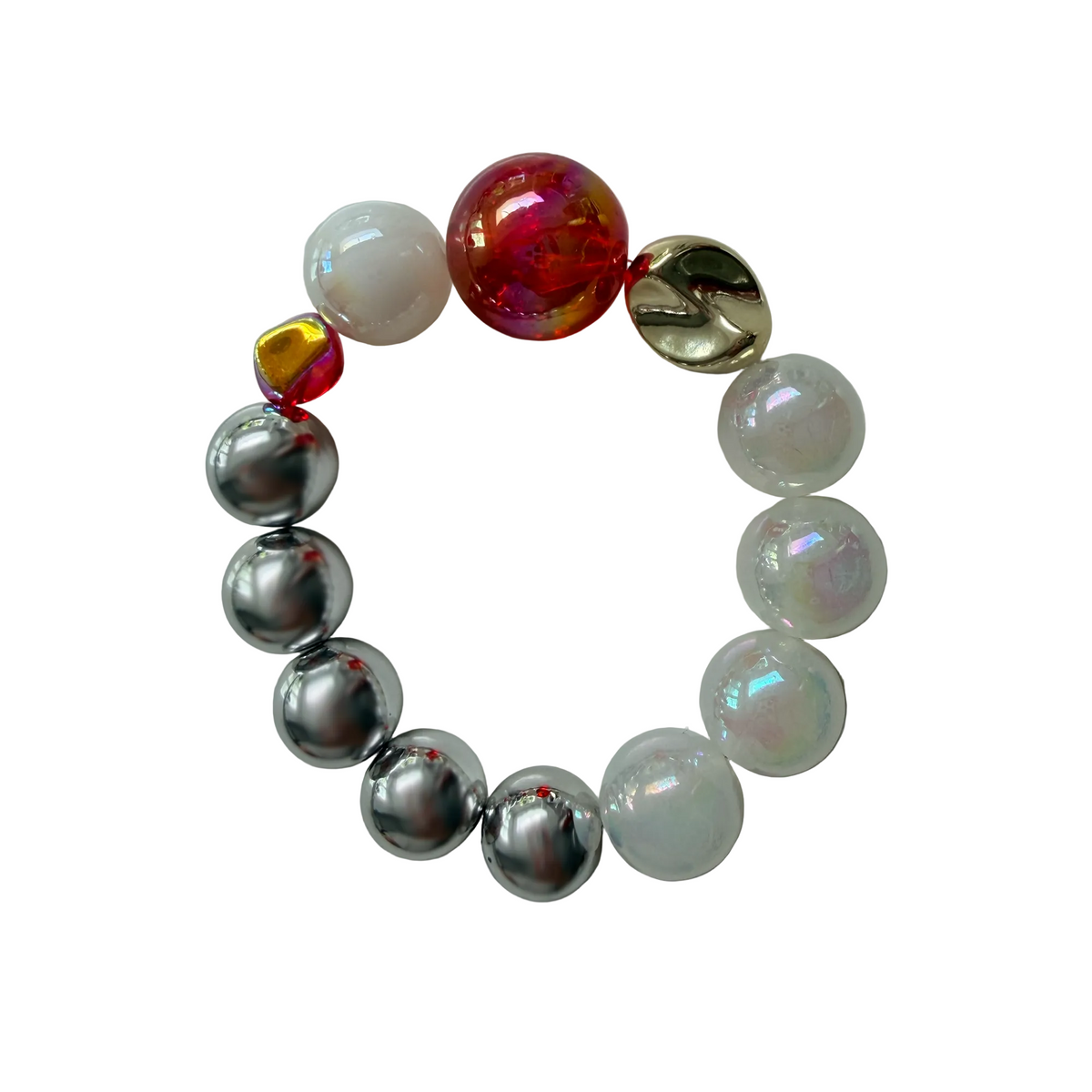 Silver Ember handmade beaded bracelet in silver, gold and red